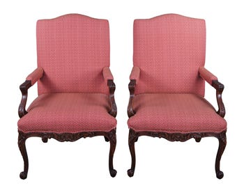 2 Baker French Louis XVI Mahogany Fauteuil Library Lounge Club Armchairs Pair