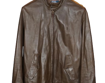 Vintage Polo Ralph Lauren Mens Brown Leather Bomber Windbreaker Jacket L
