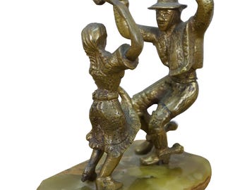 Vintage art folklorique mexicain danseurs de salsa figurine en laiton sculpture base en onyx 7"