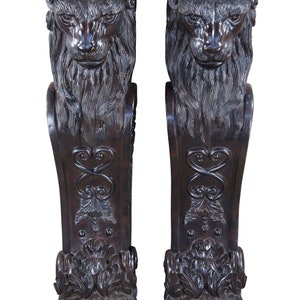 2 Vintage Architectural Lion Head Corbels Columns Pillars Sculpture Stands 49&quot;