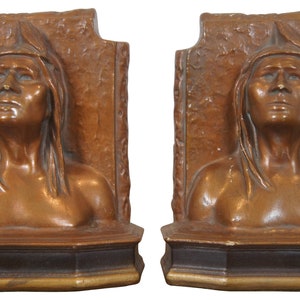 Vintage Mid Century Native Chalkware Head Bust Bookends 7&quot;