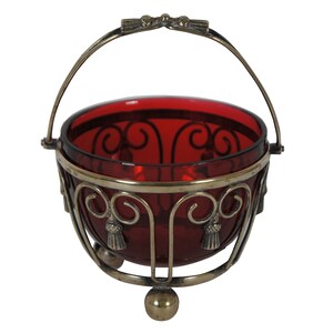 Antique James Kirkby Silver Plate Basket & Ruby Glass Insert Nut Jam Preserve