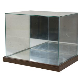 May include: A clear glass display case with a dark brown wooden base. The box-shaped case has a mirrored interior and is designed to showcase collectibles or other items. The glass is clear, allowing for full visibility of the contents.