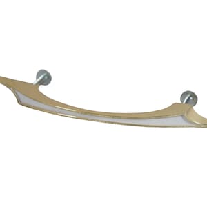 May include: A gold-toned cabinet pull with a white stripe down the center. The pull has a curved shape and pointed ends.