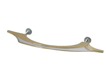 May include: A gold-toned cabinet pull with a white stripe down the center. The pull has a curved shape and pointed ends.