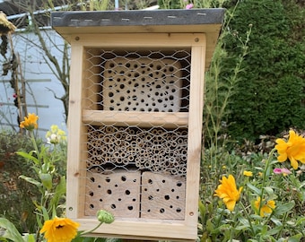 Wildbienenhotel mit verschiedenen Nisthilfen Keramikstein - Holzblock gebohrt - Schilfröhrchen,Haus für Wildbienen, Nisthilfe für Wildbienen
