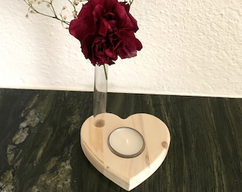 Coeur avec vase à fleurs et bougie chauffe-plat, cadeau pour maman grand-mère pour la fête des mères, anniversaire, fiançailles ou mariage, décoration de table festive