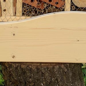 May include: A rectangular light-colored wooden board with a smooth, curved top edge and four small metal screws visible on the front surface. The board features a natural wood grain pattern and is positioned horizontally in front of a wooden insect hotel.