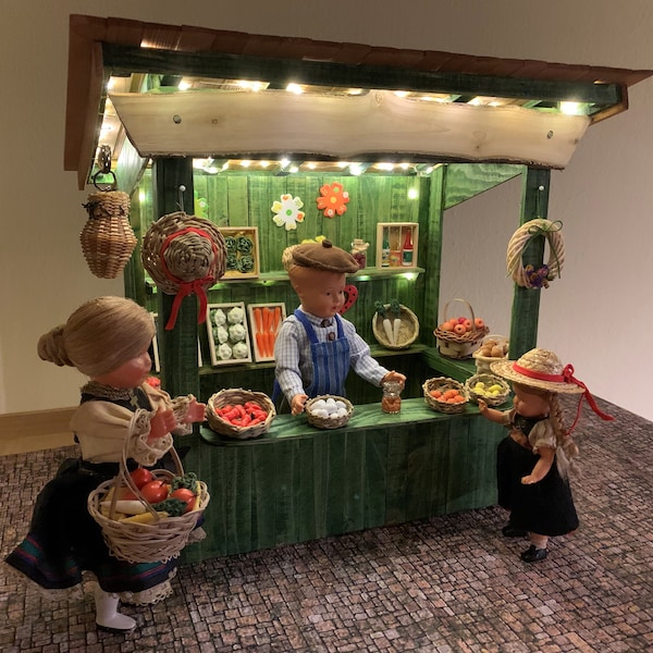 Bausatz Miniatur Marktstand Verkaufsstand zum selbst Gestalten mit passender Deko Obst und Gemüse und Puppen,Bastelset Puppenhaus