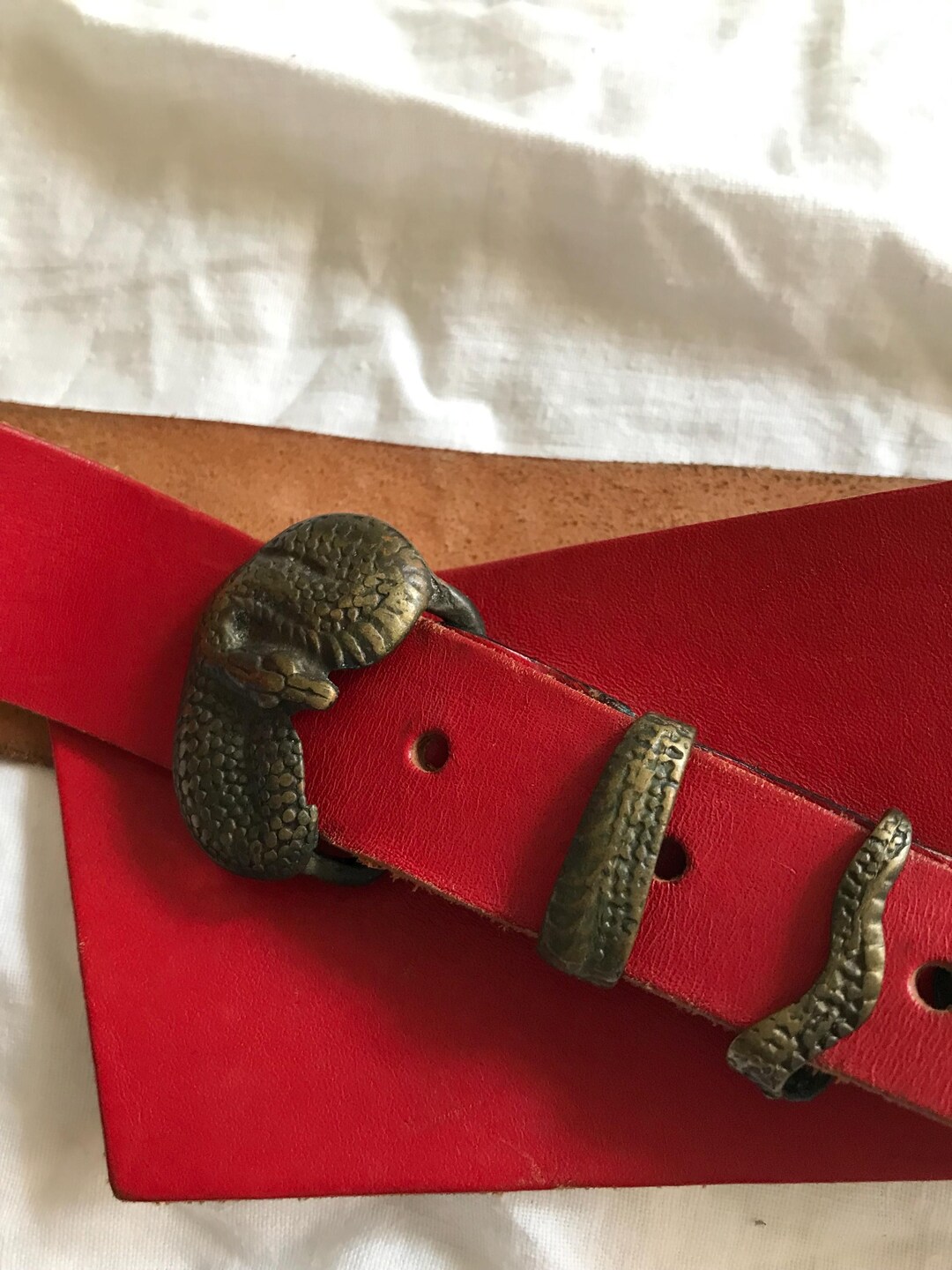 Vintage Red Leather Belt With Snake Metal Buckle - Etsy display picture 2