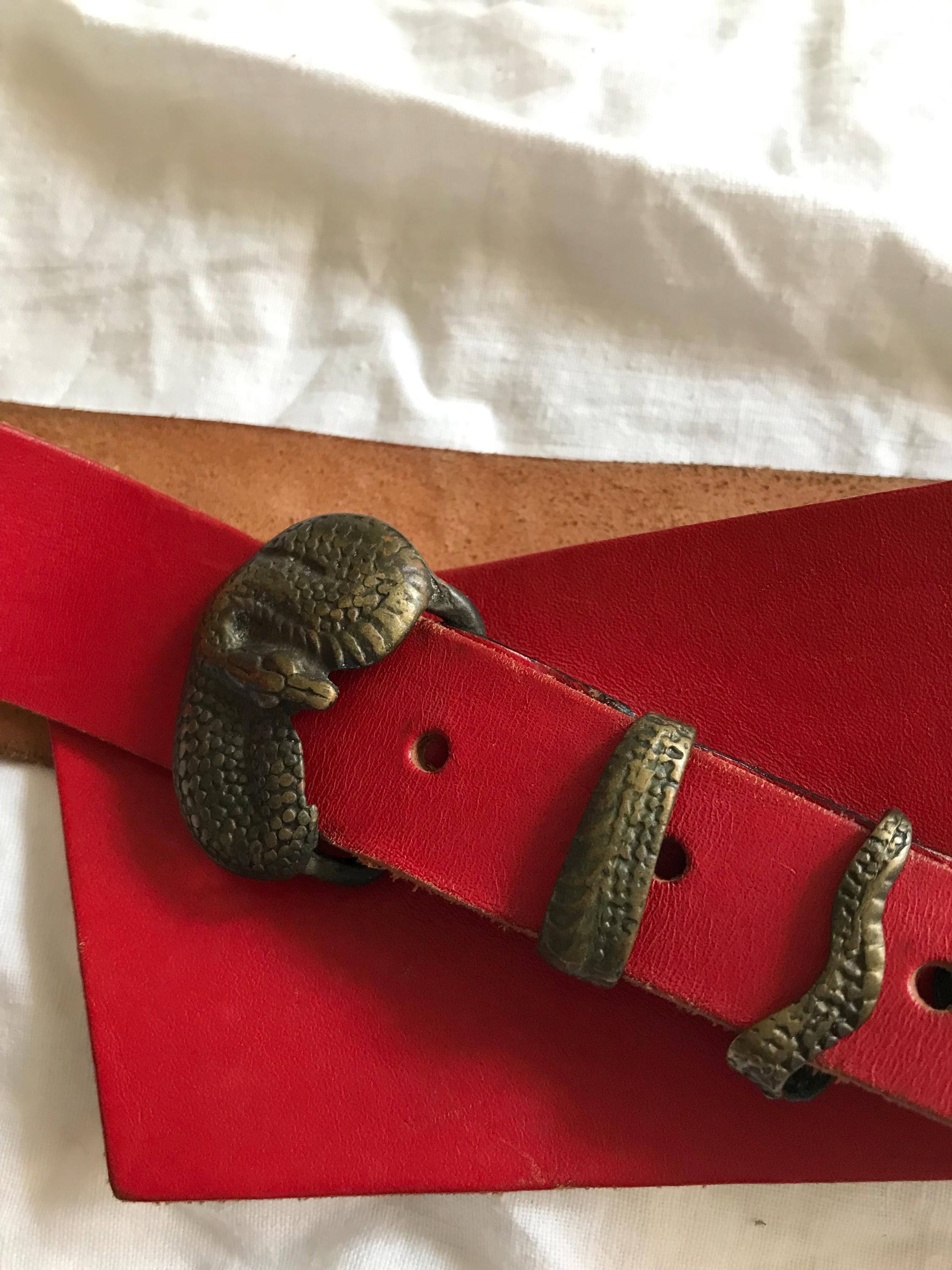 Snake Buckle Dark Red Open Work Strap Genuine Leather Vintage Belt Red Python Snake Embossed Vegan Leather Belt Removable  main image 2