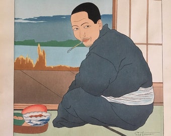 Pecheur de Sawara Japon di Paul Jacoulet Woodblock Color Print Signed Limited Edition