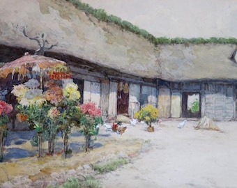 Barnyard Scene di Fujio Yoshida Original Signed Framed Watercolor Painting