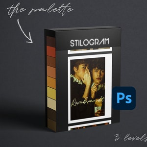 Może przedstawiać: Pudełko z napisem "STILOGRAM". Pudełko zawiera zestaw akcji Photoshopa o nazwie "Rembrandt" z trzema poziomami dla każdego wyglądu. Pudełko znajduje się na ciemnoszarym tle.
