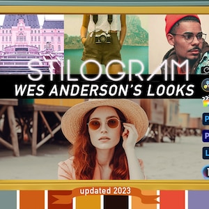 May include: A digital art piece with a yellow and blue frame, featuring a collage of images and text. The text reads "STILOGRAM WES ANDERSON'S LOOKS" and "updated 2023". The image includes a color palette at the bottom.