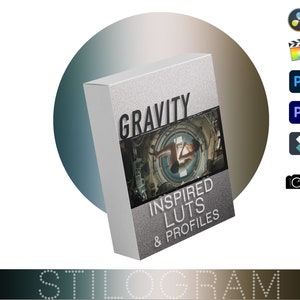 May include: A silver box with the text "GRAVITY INSPIRED LUTs & PROFILES" on the front. The box is sitting on a gradient background of green, white, and brown.