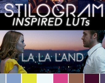 May include: A color palette inspired by the movie "La La Land" with a title card that reads "STILOGRAM INSPIRED LUTs". The palette includes shades of blue, yellow, white, pink, brown, burgundy, and purple.