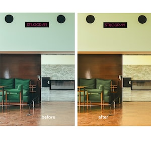 May include: Before and after image showing the effect of a photo filter. The image shows a green sofa and chair in a room with wooden walls and a marble floor. The text "STILOGRAM" appears in pink at the top of the image.