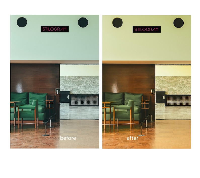 May include: Before and after image showing the effect of a photo filter. The image shows a green sofa and chair in a room with wooden walls and a marble floor. The text "STILOGRAM" appears in pink at the top of the image.