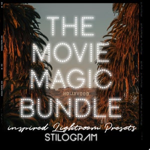 May include: A graphic design with the text "The Movie Magic Bundle" in white outlined letters with white dots around the letters. The text is superimposed on a photo of palm trees and the Hollywood sign in the distance. The text "inspired Lightroom Presets" and "STILOGRAM" are below the main text.