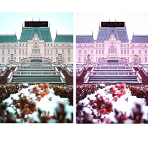 May include: A before and after image of a pink building with a snow-covered staircase and bushes in front. The image on the left is the before image and the image on the right is the after image. The text "STILOGRAM" appears at the top of both images.