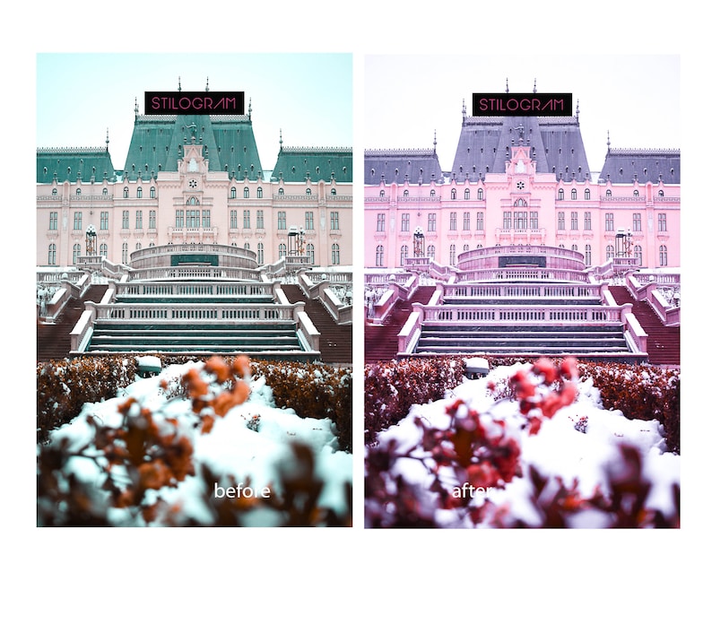 May include: A before and after image of a pink building with a snow-covered staircase and bushes in front. The image on the left is the before image and the image on the right is the after image. The text "STILOGRAM" appears at the top of both images.