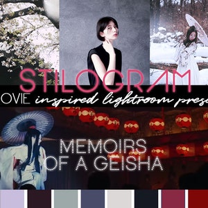 Puede incluir: Un collage de imágenes inspirado en la película "Memorias de una geisha". Las imágenes incluyen a una mujer con un vestido negro, una mujer con un vestido blanco sosteniendo un paraguas y una mujer con un kimono japonés tradicional. El texto "STILOGRAM MOVIE inspired lightroom presets" se muestra en letras rosas sobre un fondo negro. El texto "MEMOIRS OF A GEISHA" se muestra en letras blancas sobre un fondo negro. Una paleta de colores de 10 colores se muestra en la parte inferior de la imagen.