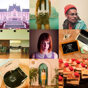 May include: A collage of nine images featuring a pink castle, a woman wearing a white tank top and denim shorts, a man wearing a red beanie and a denim jacket, a woman with red hair wearing a white collar shirt, a laptop with a motivational message on a chalkboard, a record player, a green door with a woman standing in front of it, and a plate of desserts with macarons.