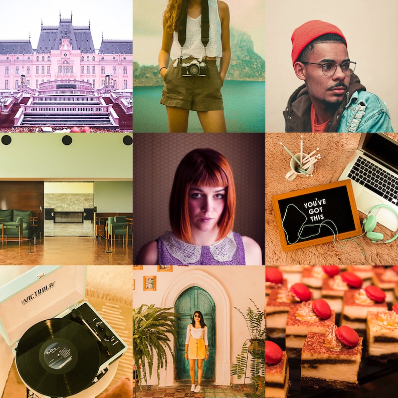 May include: A collage of nine images featuring a pink castle, a woman wearing a white tank top and denim shorts, a man wearing a red beanie and a denim jacket, a woman with red hair wearing a white collar shirt, a laptop with a motivational message on a chalkboard, a record player, a green door with a woman standing in front of it, and a plate of desserts with macarons.