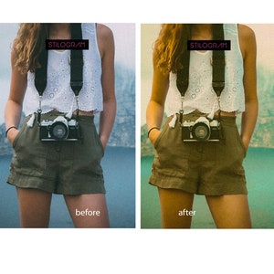 May include: A woman wearing a white lace top and khaki shorts is holding a vintage camera with a black strap. The image is split into two sections, with the left side showing the original image and the right side showing the image after a filter has been applied. The text "STILOGRAM" appears in both sections of the image.