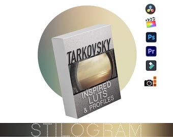 May include: A silver box with the text "TARKOVSKY INSPIRED LUTs & PROFILES" on the front. The box is sitting on a gradient background with a circle in the background.
