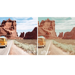 May include: A yellow vintage van drives down a paved road in a desert landscape with red rock formations in the background. The sky is blue with white clouds. The text "before" is on the left side of the image and "after" is on the right side of the image.