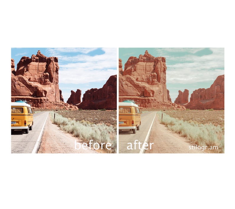 May include: A yellow vintage van drives down a paved road in a desert landscape with red rock formations in the background. The sky is blue with white clouds. The text "before" is on the left side of the image and "after" is on the right side of the image.