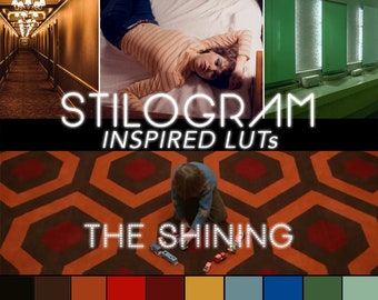 May include: A color palette inspired by the movie "The Shining" with a red and black geometric carpet pattern, a hallway with a brown carpet, a bedroom with a striped shirt and a green bathroom with white tiles.