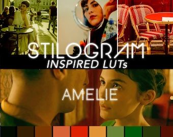 May include: A color palette inspired by the movie "Amélie" with a title card that reads "Stilogram Inspired Luts". The palette features shades of brown, orange, red, green, and yellow.