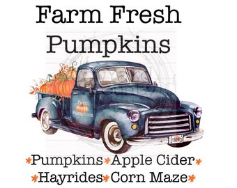 Blue Farm Fresh Pumpkin Truck Design, Fall Sublimation, Pillow Sublimation Designs, Old Truck Designs, Truck PNG, Fall PNG, Fall Sublimation