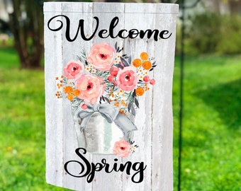 Welcome Spring Floral Pail Garden Flag PNG, Spring Sublimation, Sublimation Designs, Watercolor Flower Designs, Spring PNG, Easter PNG