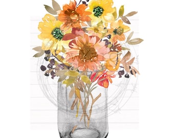 Fall Flowers in  Mason Jar Design, Sunflower Bouquet, Fall Sublimation, Fall Digital Download, Fall PNG, Sublimation Designs, Mason Jar png