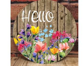 Hello Flower Round Door Hanger, Sublimation Designs, Spring png, Summer png, Digital Download, Wildflower png