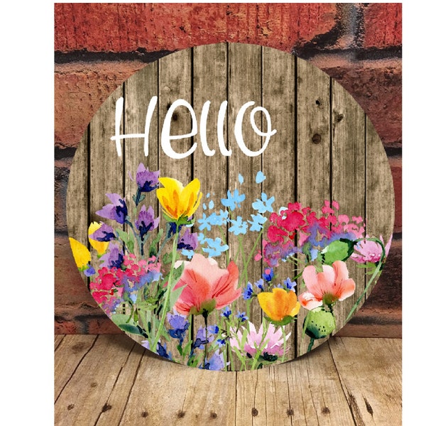 Hello Flower Round Door Hanger, Sublimation Designs, Spring png, Summer png, Digital Download, Wildflower png