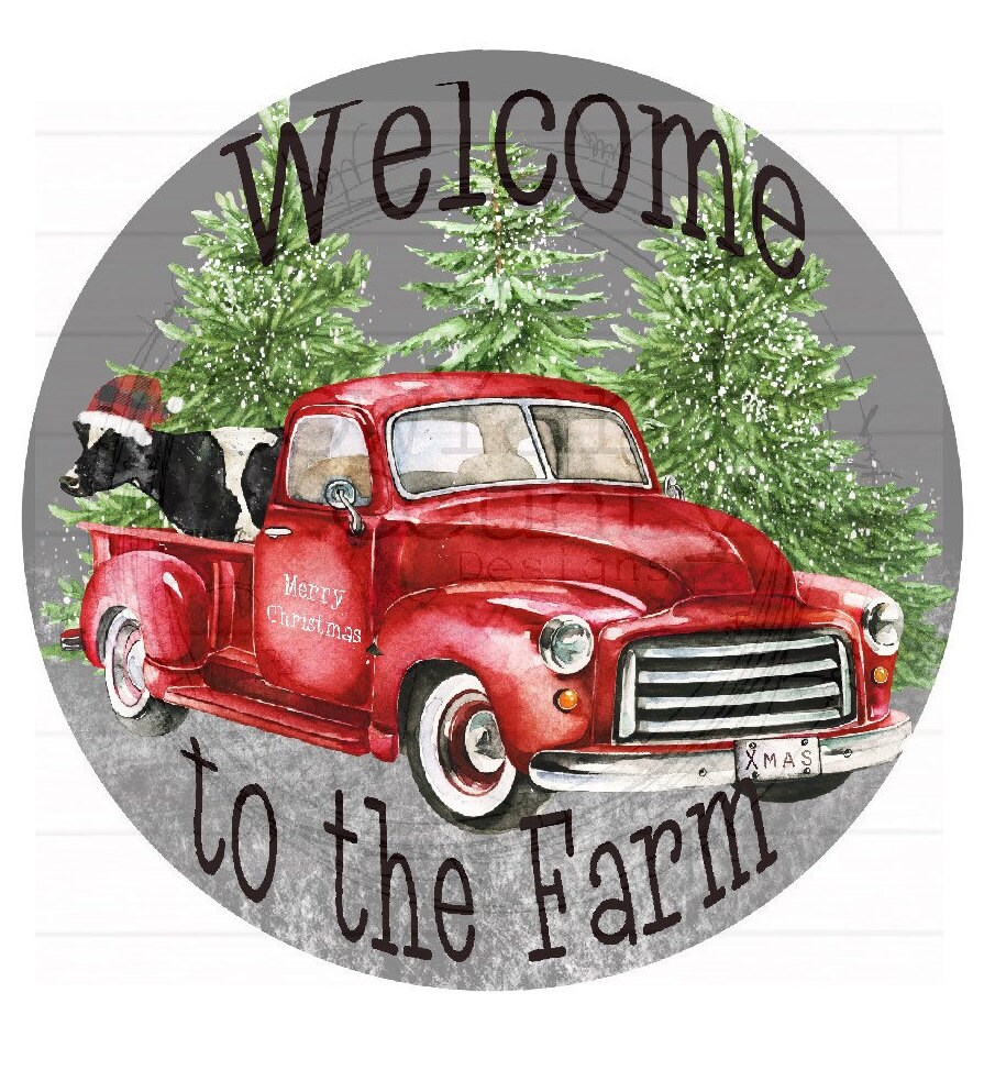 Red Truck Christmas Door Hanger Hardboard Circle Template Etsy