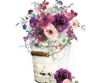 Purple Floral Pail, Spring Sublimation, Home Sublimation Designs, Sublimation Designs, Watercolor Flower Designs, Spring PNG