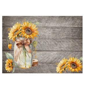May include: A mason jar filled with sunflowers and tied with a brown ribbon sits on a rustic wooden background. The jar has a label that reads "Grandma's Kitchen".
