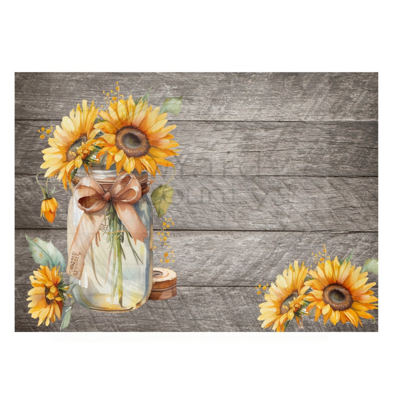 May include: A mason jar filled with sunflowers and tied with a brown ribbon sits on a rustic wooden background. The jar has a label that reads "Grandma's Kitchen".