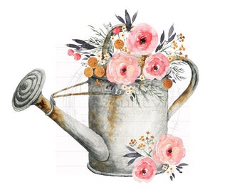 Coral Flower Watering Can, Spring Sublimation, Sublimation Designs, Watercolor Flower Designs, Spring PNG, Digital Downloads