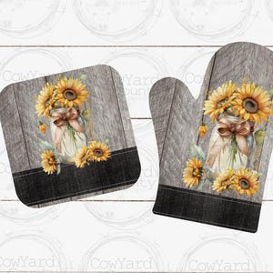May include: A set of two kitchen pot holders with a rustic woodgrain background and a floral design featuring sunflowers and a mason jar filled with sunflowers.