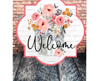 Flower Welcome Quatrefoil Door Hanger, Spring Door Hanger,  Sublimation Designs, Farmhouse Sublimation, Quatrefoil Door Hanger, Spring PNG