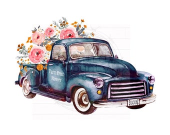 Blue Flower Truck Design, Spring Sublimation, Sublimation Designs, Old Truck Designs, Flower Market PNG, Spring PNG, Truck PNG