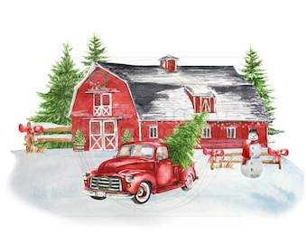 Barn and Red Truck png, Christmas Images, Christmas Sublimation, Old Truck PNG, Christmas png, Farm PNG, Sublimation Designs, Digital