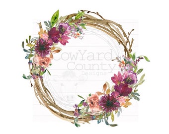 Grapevine Wreath, Spring Sublimation, Home Sublimation Designs, Sublimation Designs, Watercolor Flower Designs, Farmhouse png